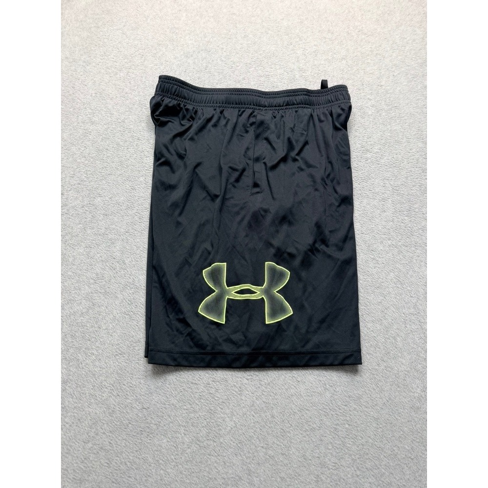 Under Armour Mens Black Athletic Shorts Neon Green Logo Size Large Drawstring